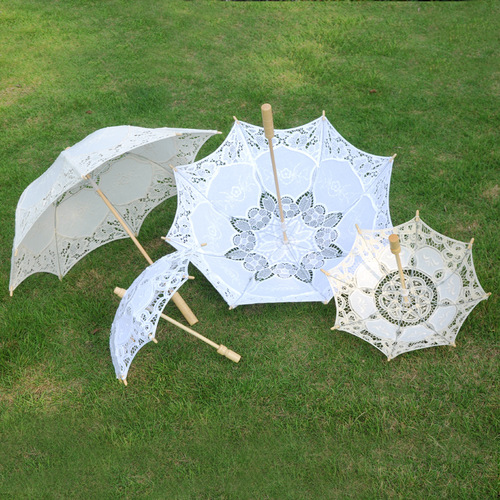 Hot selling wedding supplies decorative umbrella palace wedding lace umbrella bride lace umbrella white bridesmaid flower girl wooden handle umbrella
