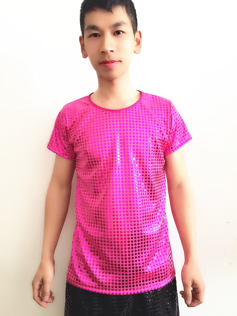 Ropa de rendimiento de estiramiento recto para hombres y mujeres ropa de baile de jazz moderna etapa con lentejuelas Camiseta de manga corta top