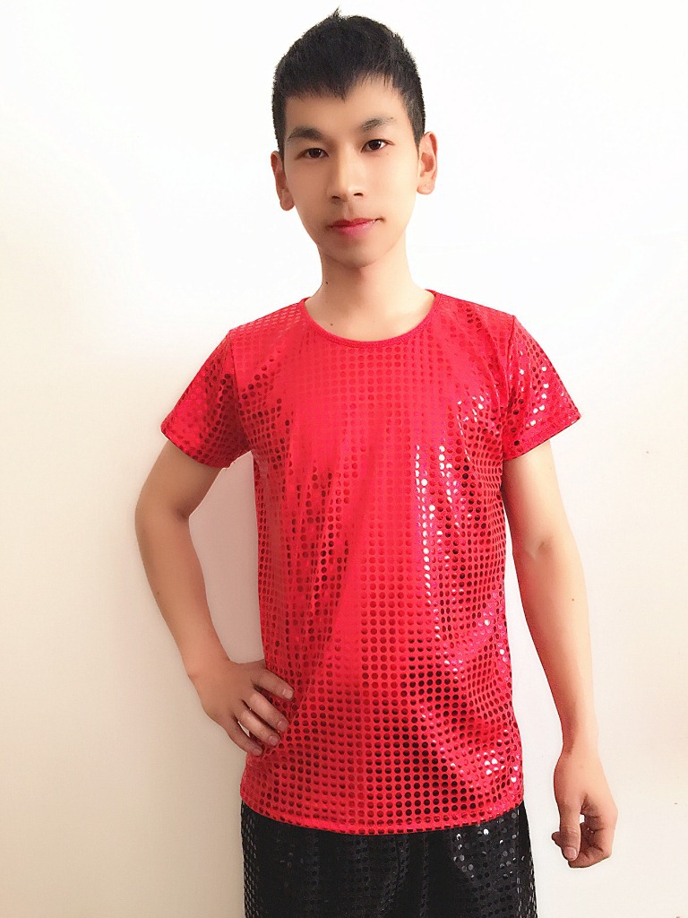 Ropa de rendimiento de estiramiento recto para hombres y mujeres ropa de baile de jazz moderna etapa con lentejuelas Camiseta de manga corta top