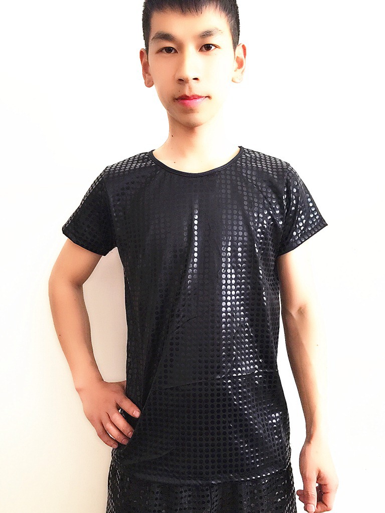Ropa de rendimiento de estiramiento recto para hombres y mujeres ropa de baile de jazz moderna etapa con lentejuelas Camiseta de manga corta top
