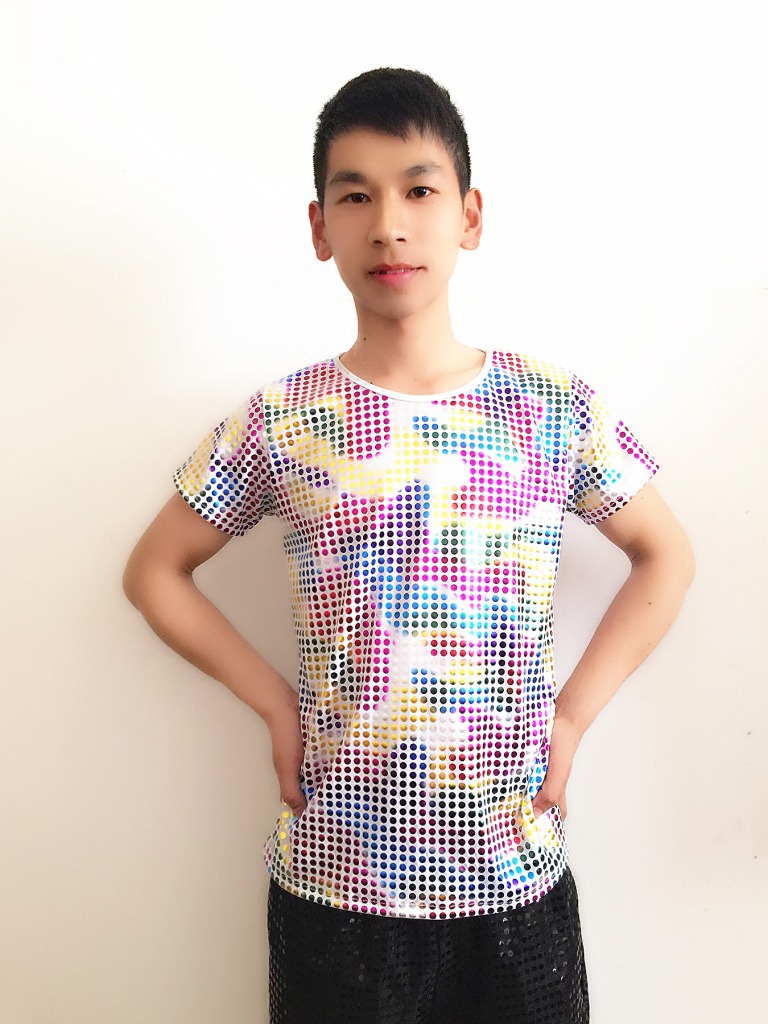 Ropa de rendimiento de estiramiento recto para hombres y mujeres ropa de baile de jazz moderna etapa con lentejuelas Camiseta de manga corta top