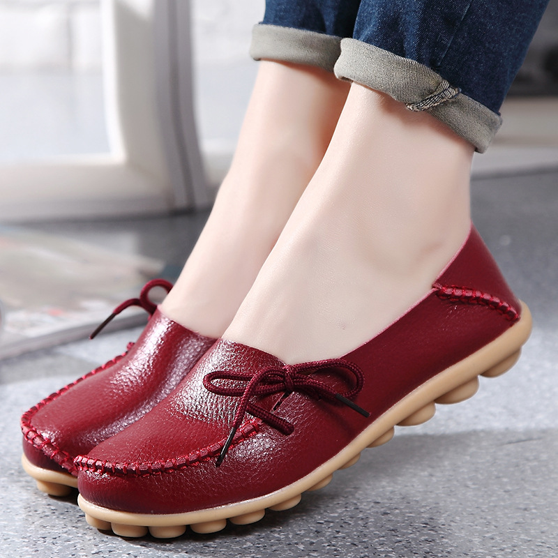 Casual Women's Single Shoes Genuine Leather Mom Shoes Flat Bean Shoes Nurses' Shoes Lace-up Beef Tendon Low-top Shoes Large Size