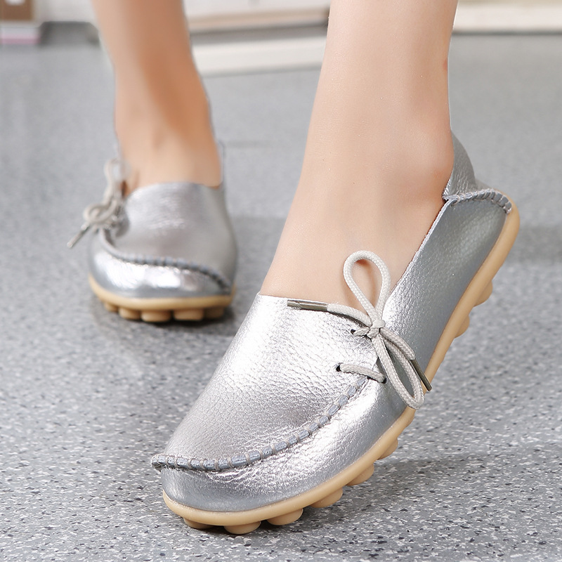 Casual Women's Single Shoes Genuine Leather Mom Shoes Flat Bean Shoes Nurses' Shoes Lace-up Beef Tendon Low-top Shoes Large Size