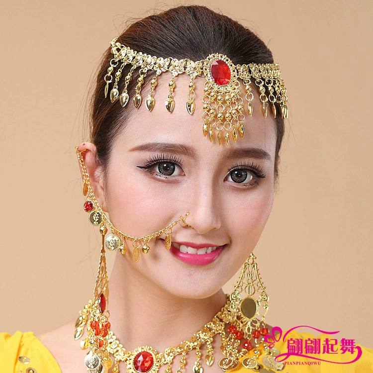 Танцевальный стол Ювелирные изделия для индийских танцев Аксессуары для танца живота Зажим для носа Кольцо для носа Этнический драгоценный камень Цепочка для носа Головная цепь