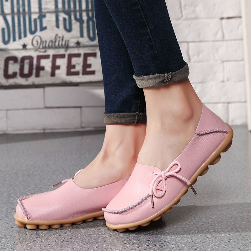Casual Women's Single Shoes Genuine Leather Mom Shoes Flat Bean Shoes Nurses' Shoes Lace-up Beef Tendon Low-top Shoes Large Size