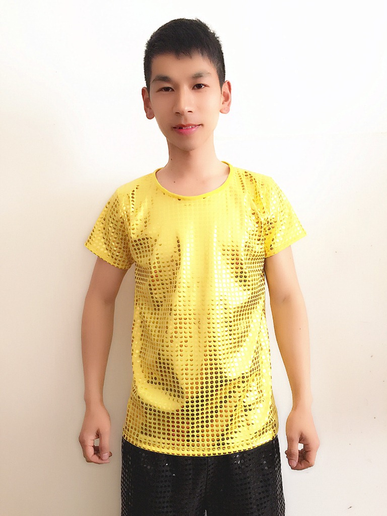 Ropa de rendimiento de estiramiento recto para hombres y mujeres ropa de baile de jazz moderna etapa con lentejuelas Camiseta de manga corta top