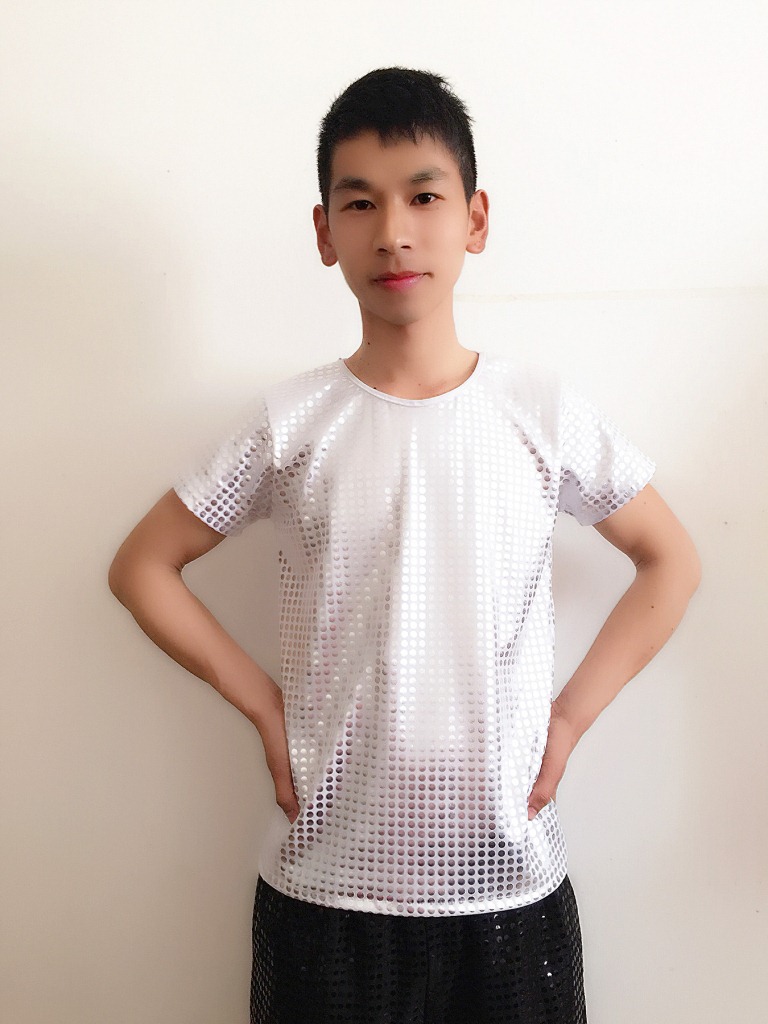 Ropa de rendimiento de estiramiento recto para hombres y mujeres ropa de baile de jazz moderna etapa con lentejuelas Camiseta de manga corta top