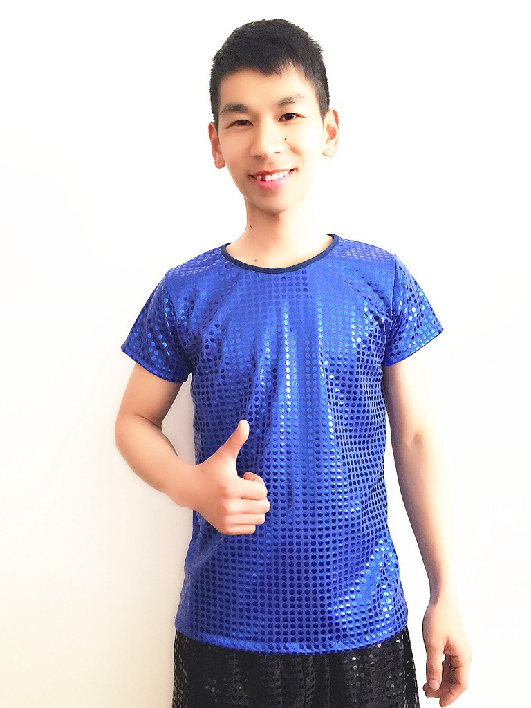 Ropa de rendimiento de estiramiento recto para hombres y mujeres ropa de baile de jazz moderna etapa con lentejuelas Camiseta de manga corta top