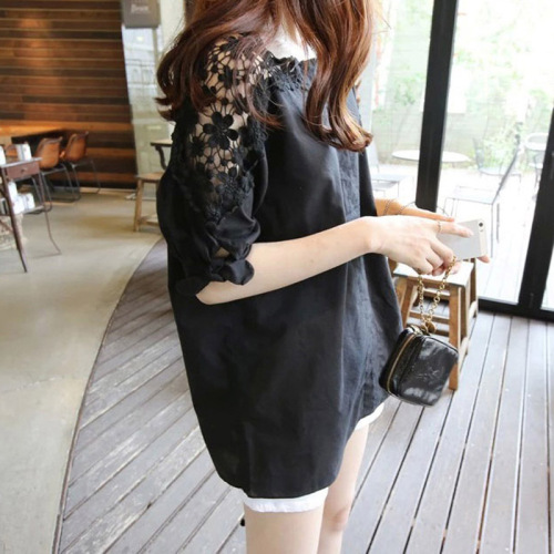 Summer New Short Sleeve Hooded Long-Sleeve Shirt Plus Size Fat Women Plus Size Women Lace Splicing White Collared Shirt