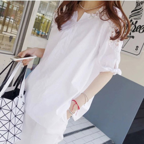 Summer New Short Sleeve Hooded Long-Sleeve Shirt Plus Size Fat Women Plus Size Women Lace Splicing White Collared Shirt