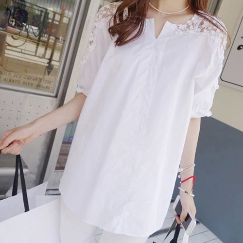 Summer New Short Sleeve Hooded Long-Sleeve Shirt Plus Size Fat Women Plus Size Women Lace Splicing White Collared Shirt