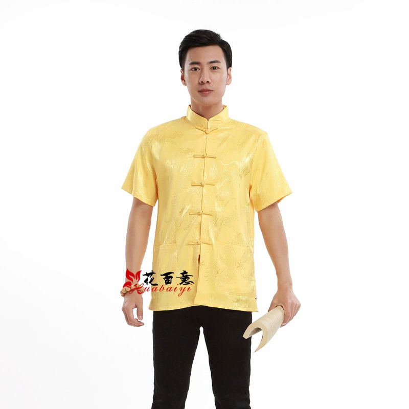 Китайский костюм Тан в китайском стиле, мужские летние топы с короткими рукавами, модные повседневные рубашки на пуговицах в стиле дракона для молодежи и среднего возраста, династия Хань