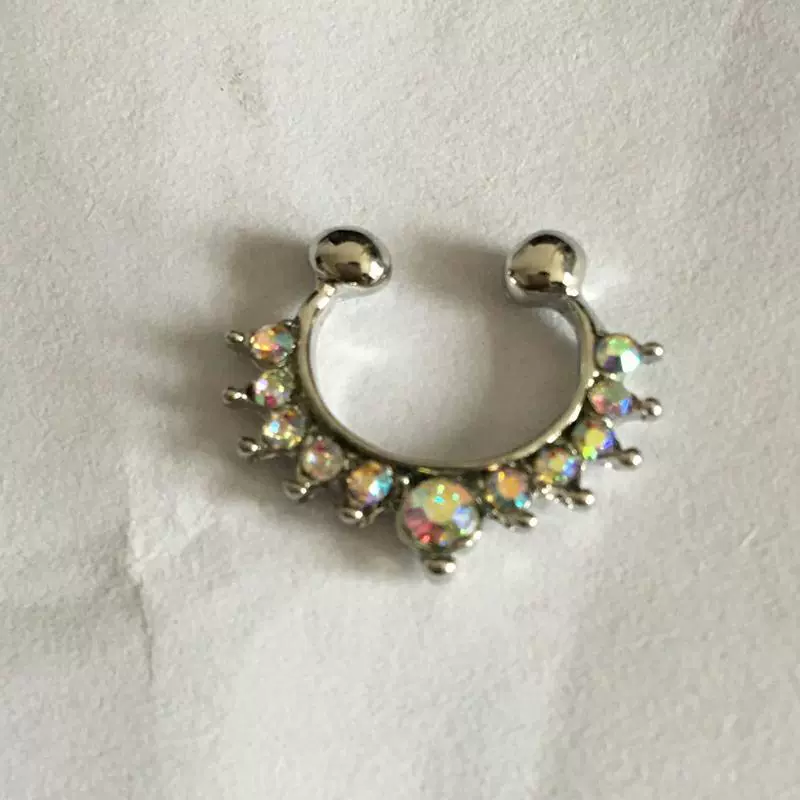 Metal nose clip piercing, alloy with rhinestones, 17×15 mm, lightweight 1,2 g