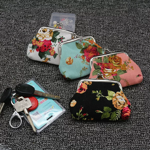 European and American Retro Canvas Rose Flower Mini Coin Purse for Women with Clasp, Cute Small Wallet Wholesale