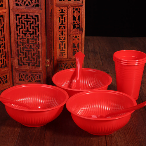 Shuangtong disposable pp plastic red bowl tableware 345ml thickened round red wedding supplies wholesale 20 pieces