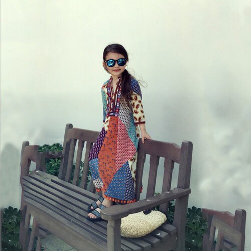 Mother and daughter summer dress new style beach ethnic cotton fabric seven-quarter sleeve long dress baby princess dress dropshipping