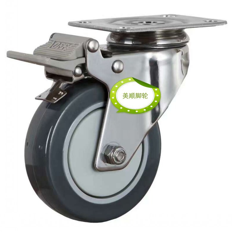 供应美顺4寸中型平顶不锈钢人造胶TPR物流机械设备万向带刹车脚轮