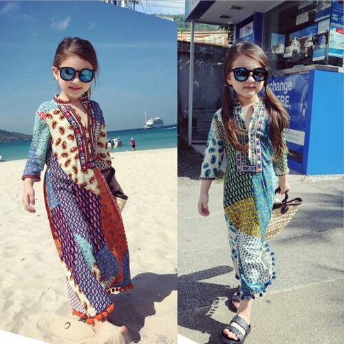 Mother and daughter summer dress new style beach ethnic cotton fabric seven-quarter sleeve long dress baby princess dress dropshipping