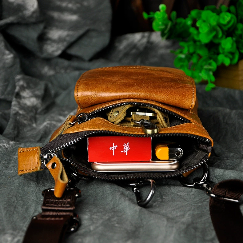 Слой головы Crazy Horse Leather Замена кожи иностранной торговли Мужчины ретро Мобильный телефон Камера на открытом воздухе 7 дюймов Крючок маленькие сумки 611-18