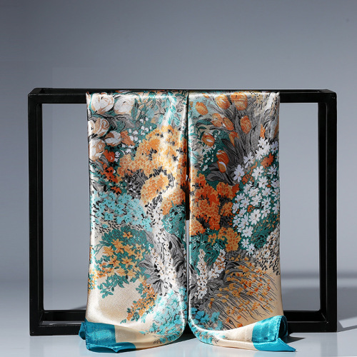 Spring and Autumn Sunscreen Color Beautiful Satin Square Scarf 90*90 Peony Flower Satin Silk Scarf Foreign Trade Supply Wholesale