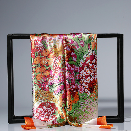 Spring and Autumn Sunscreen Color Beautiful Satin Square Scarf 90*90 Peony Flower Satin Silk Scarf Foreign Trade Supply Wholesale