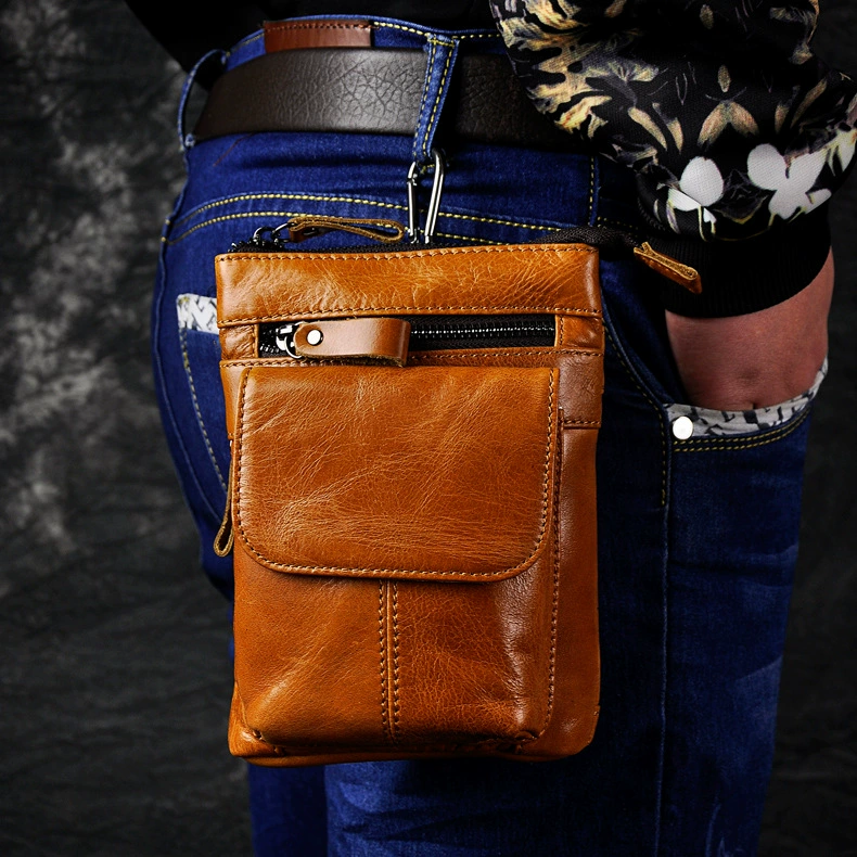 Слой головы Crazy Horse Leather Замена кожи иностранной торговли Мужчины ретро Мобильный телефон Камера на открытом воздухе 7 дюймов Крючок маленькие сумки 611-18