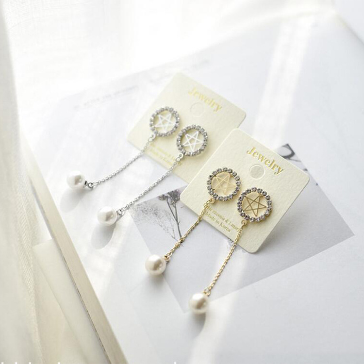 日韩版水钻珍珠长款耳钉圆环星星链条耳环耳坠耳饰 女