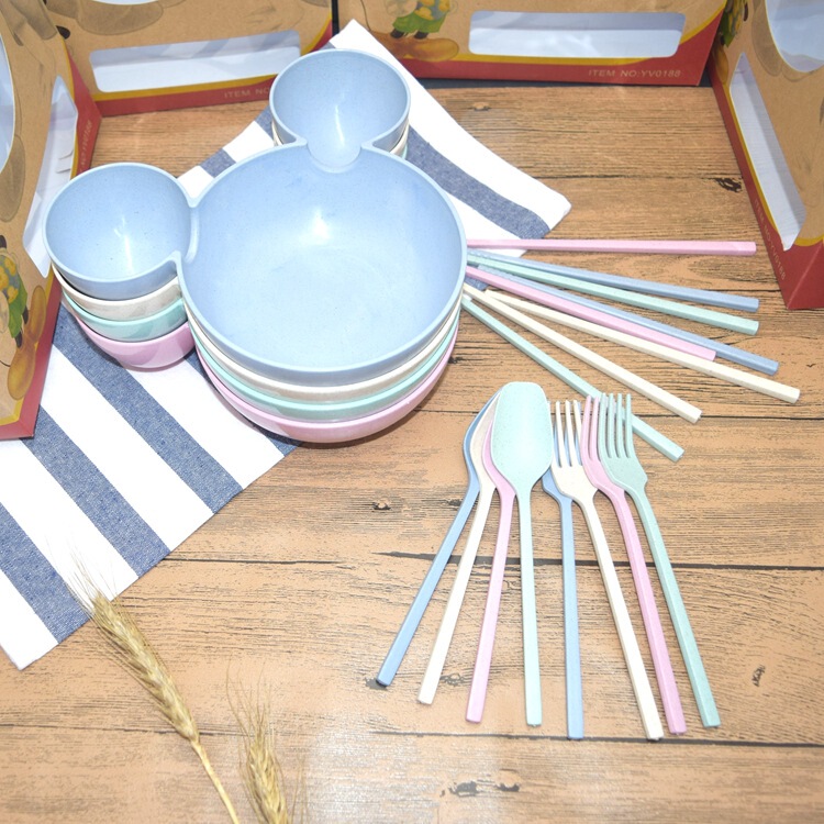 Wheat Bowl Cartoon Children's Straw Tableware Set Bowl Creative Baby Gift Fun Dinner Plate Fruit Plate