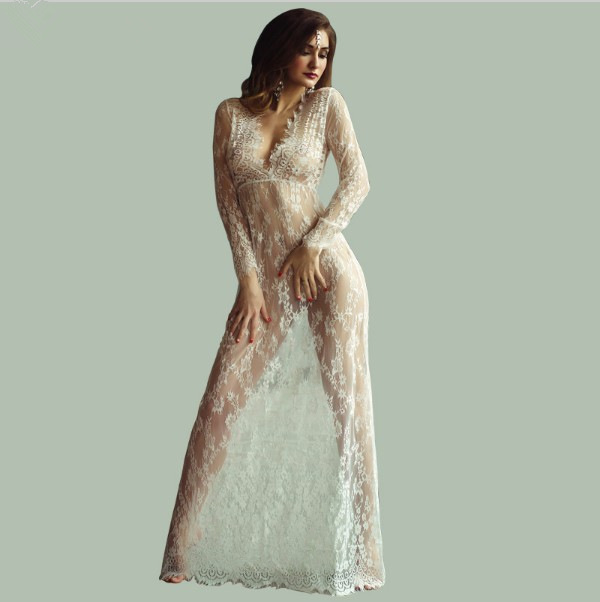 2023 Aliexpress Hot Sale European and American Sexy Deep V Neck Long-Sleeved Lace See-Through Tight Tail Dress High Quality