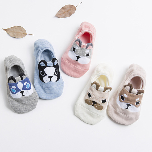Korean cartoon socks for women, non-slip cotton boat socks, puppy pattern invisible socks, factory wholesale