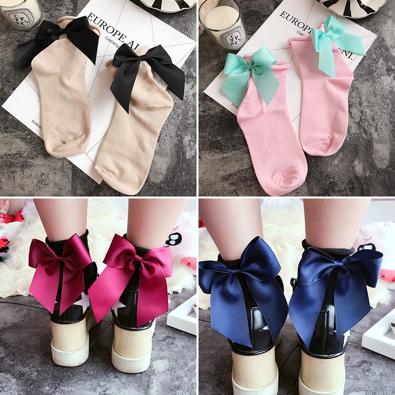 Spring Women's Student Socks with Rolled Edges and Bows on the Back, Pure Cotton Black Socks, Accessories, Thin Bottoming Socks