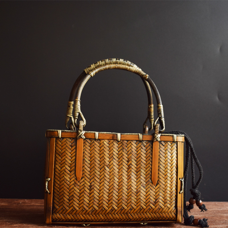精品竹编包 手工竹编 女式手提包 茶具收纳做旧竹制品包竹工艺品