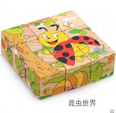 Juguetes de la inteligencia de la educación temprana de los niños pintura de madera de seis lados rompecabezas tridimensional bebé rompecabezas bloques de construcción bebé de madera