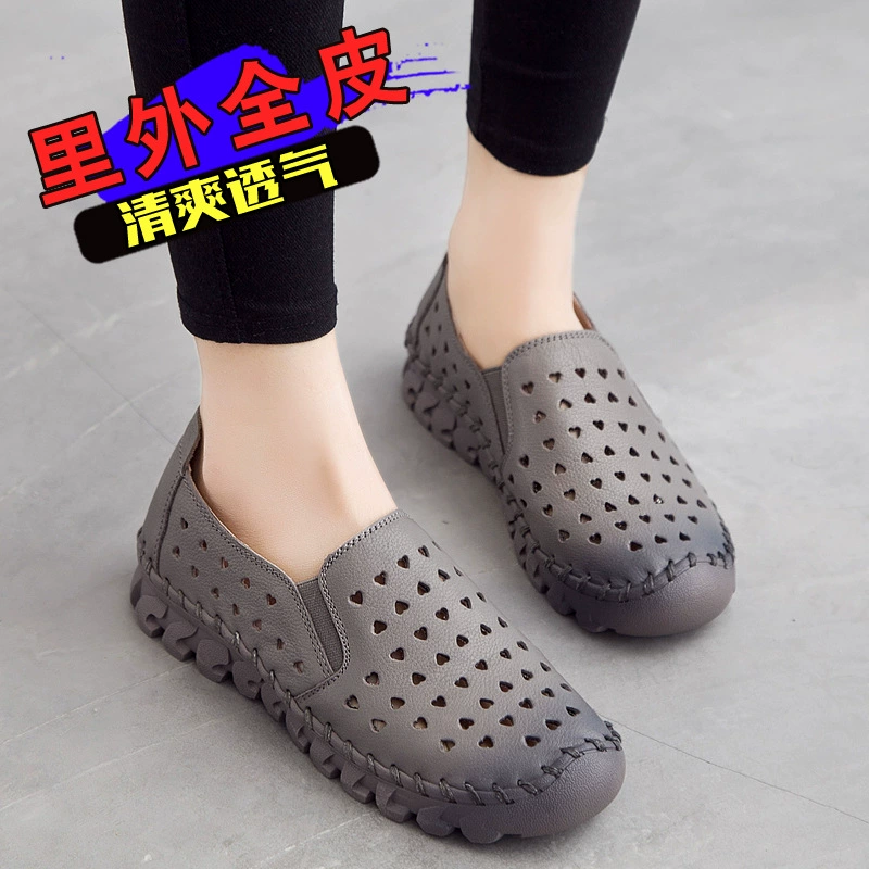 Весенне-летние новые женские сандалии из натуральной кожи, модная универсальная обувь с вырезами, удобная обувь с отверстиями на мягкой подошве, обувь для мам из воловьей кожи с верхним слоем