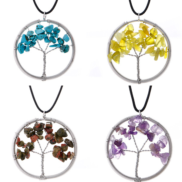 ebay 欧美天然碎石生命树项链 七彩宝石皮绳发财树项链N147