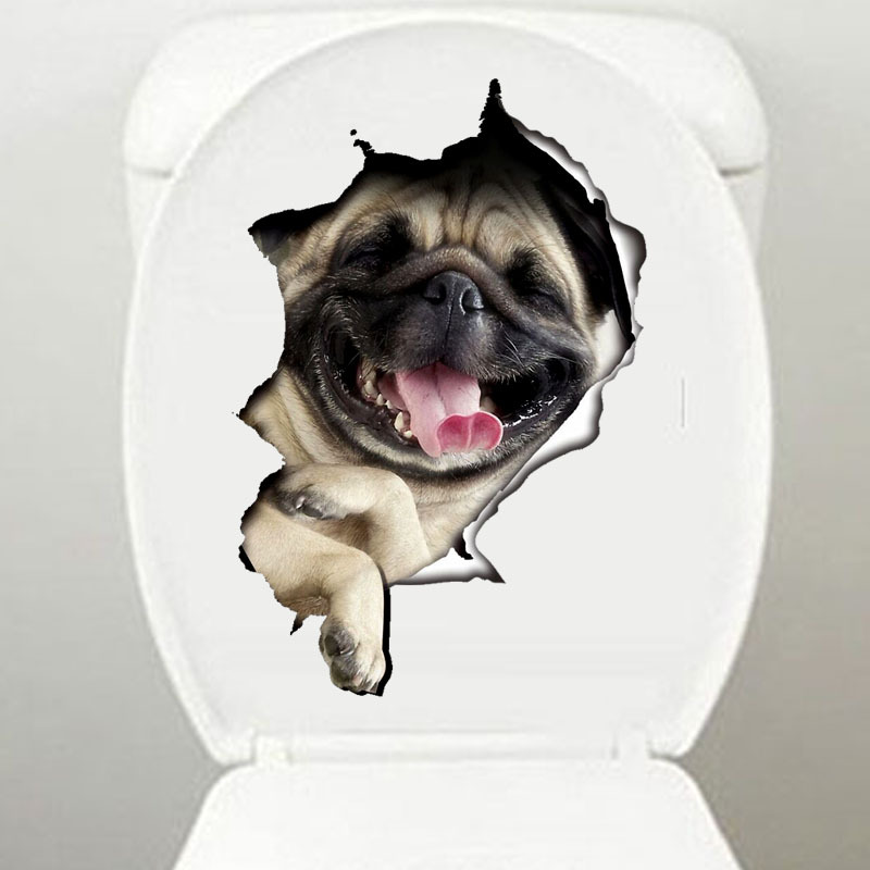 Autocollant décoratif 3D représentant un chat et un chien traversant un carrelage mural, un abattant de toilettes ou un cahier._voghion.com