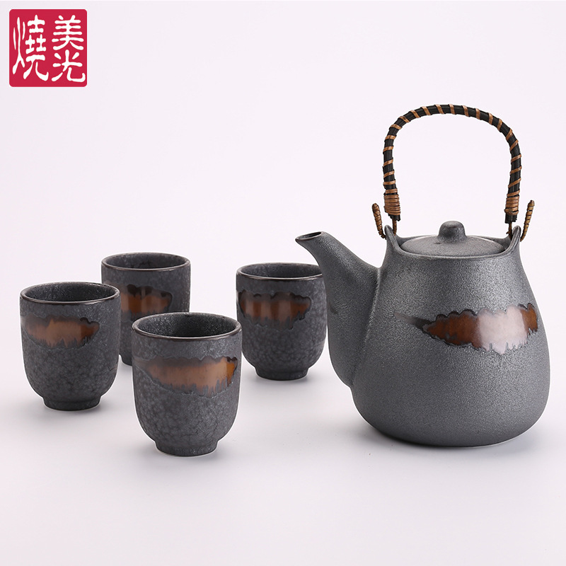 日式复古仿粗陶圆肚1000ml大容量花茶壶餐厅大汤壶泡茶水提梁壶