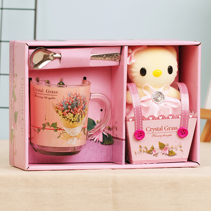 N1323 Cute Cartoon Bear Gift Box Set Cup with Glitter Ball, Spoon, Drinking Glass for Birthday, Cup Gift