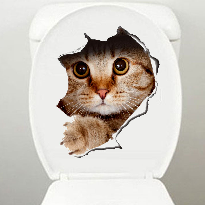 Autocollant décoratif 3D représentant un chat et un chien traversant un carrelage mural, un abattant de toilettes ou un cahier._voghion.com