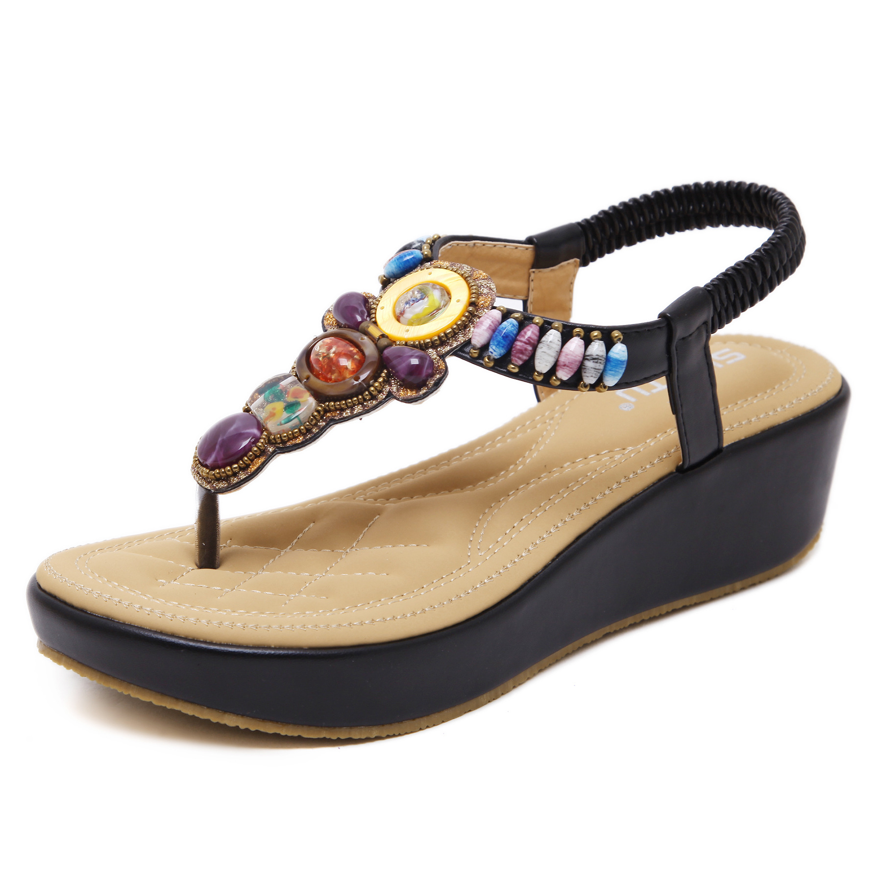 Sandalias de estilo étnico para mujer, verano 2025, estilo bohemio retro, con cuentas, tacón de cuña, talla grande, venta al por mayor