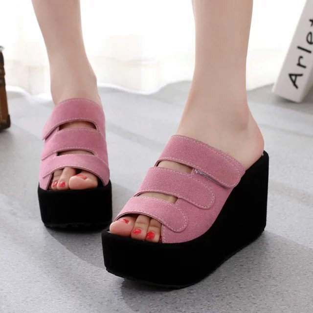 Women's Sandals 2017 New Style Super High Heel Solid Color Fish-toe Open-toe Wedge Velcro Women's Sandals and Slippers Fashion Women's Shoes