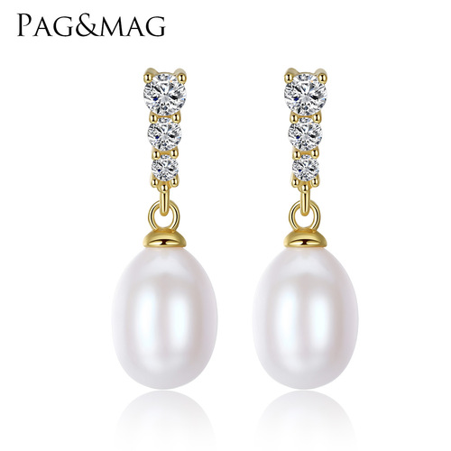 PAG&MAG simple freshwater pearl earrings elegant S925 silver women's Japanese and Korean zircon pearl earrings earrings hot sale