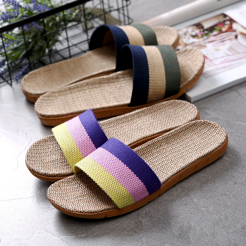 Linen Slippers for Home Couples Indoor Slippers Wooden Floor Cotton and Linen Home Non-Slip Thick-Soled Summer Slippers for Men and Women