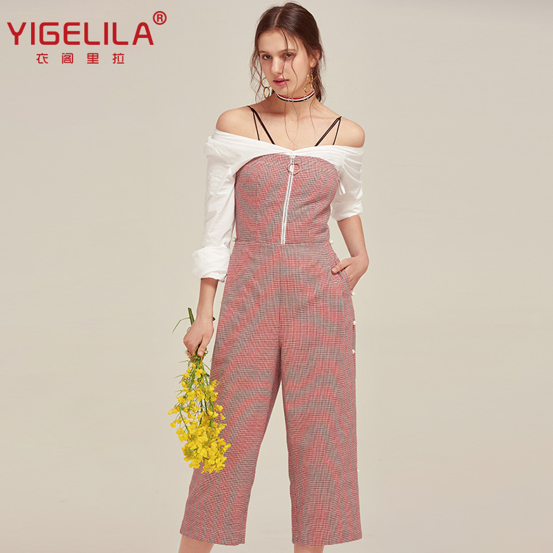 YIGELILA Summer New Sexy Strapless Slim-Fit Cropped Pants Plaid Jumpsuit Casual Pants 5395