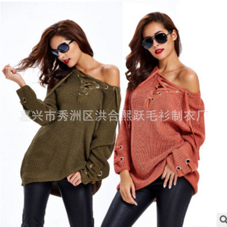 AliExpress Amazon europeo y americano otoño e invierno nuevo V-cuello más tamaño suéter hueco granos decorativos suéter abrigo para las mujeres