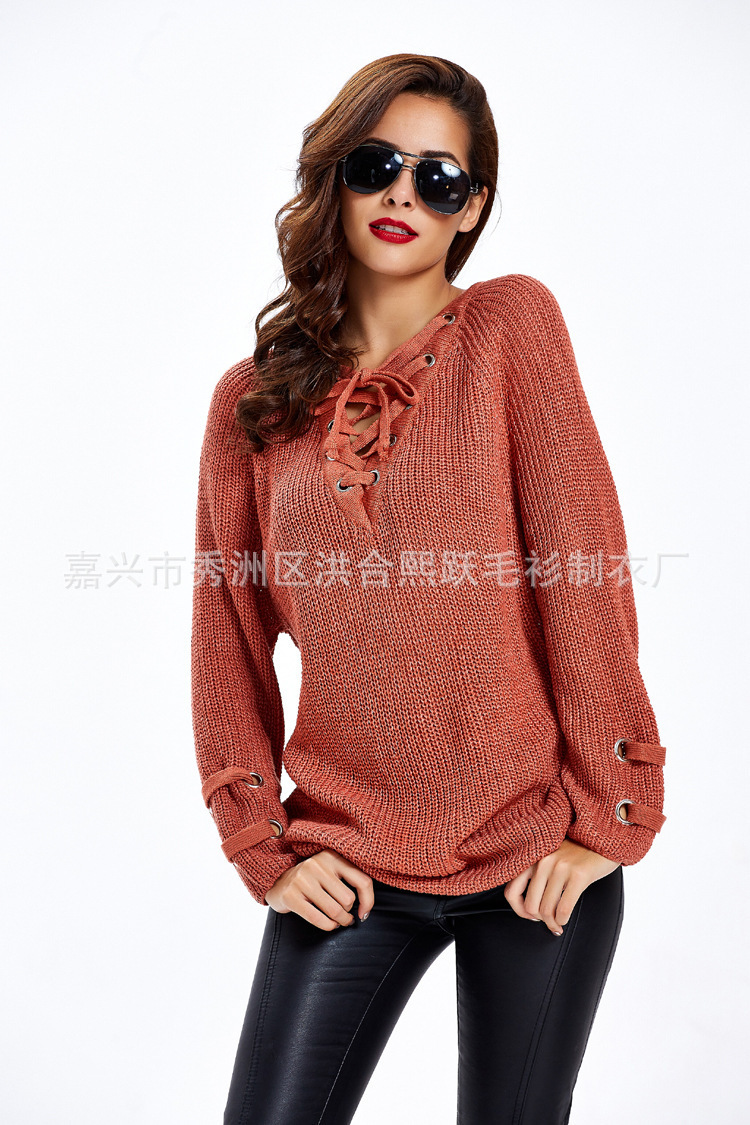 AliExpress Amazon europeo y americano otoño e invierno nuevo V-cuello más tamaño suéter hueco granos decorativos suéter abrigo para las mujeres