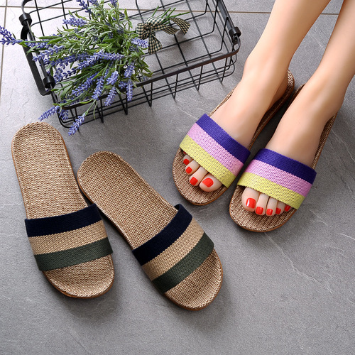 Linen Slippers Home Couple Indoor Slippers Wooden Floor Cotton Linen Home Non-slip Thick Sole Summer Cool Slippers for Men and Women