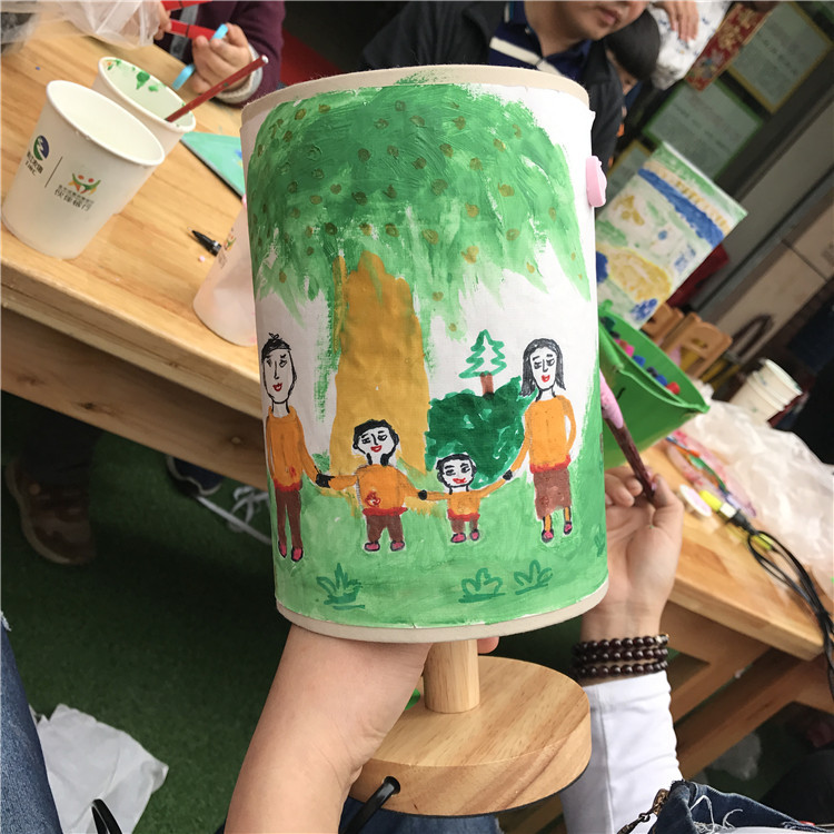 Lámpara de mesa creativa de bricolaje, diseño de arte, arcilla pintada, corte de papel, accesorios de actividades para padres e hijos, lino de madera, relieve creativo