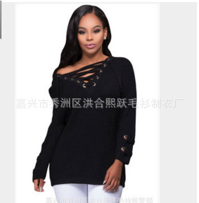 AliExpress Amazon europeo y americano otoño e invierno nuevo V-cuello más tamaño suéter hueco granos decorativos suéter abrigo para las mujeres