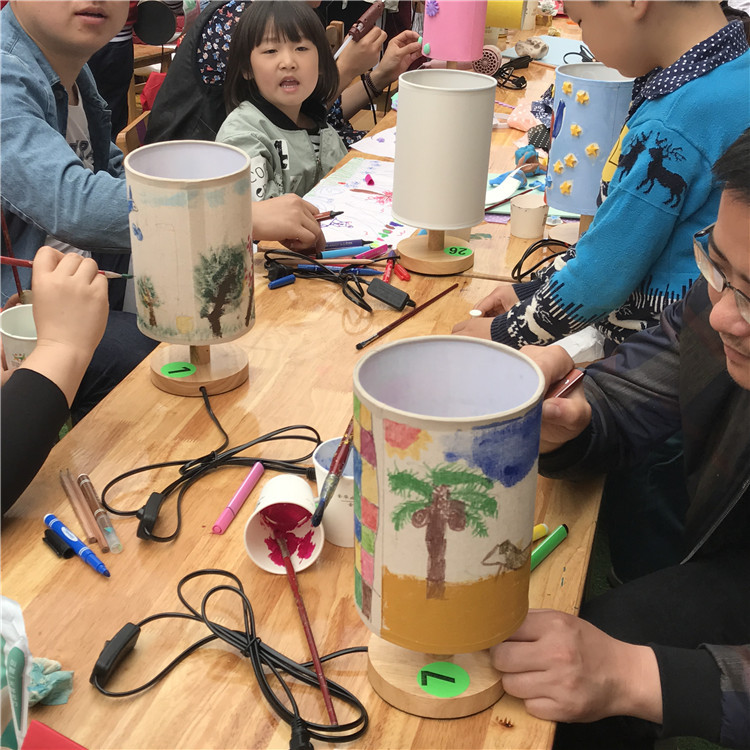 Lámpara de mesa creativa de bricolaje, diseño de arte, arcilla pintada, corte de papel, accesorios de actividades para padres e hijos, lino de madera, relieve creativo